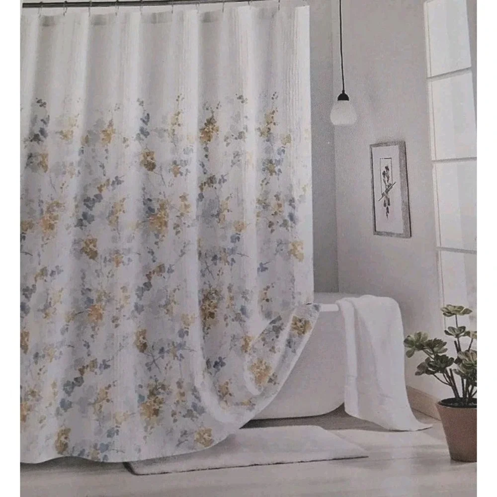 DKNY 'Wallflower' Floral Shower Curtain 100% Cotton 72 X 74 Yellow, Blue & Gray